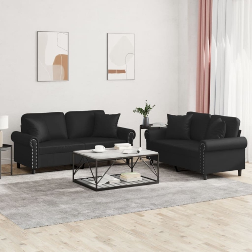 vidaXL 2 Piece Sofa Set with Pillows Black Faux Leather