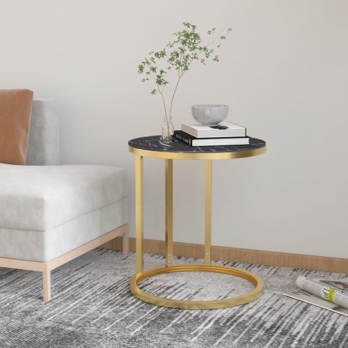 VIDAXL  Side Table Gold And Black Marble 45 Cm Tempered Glass