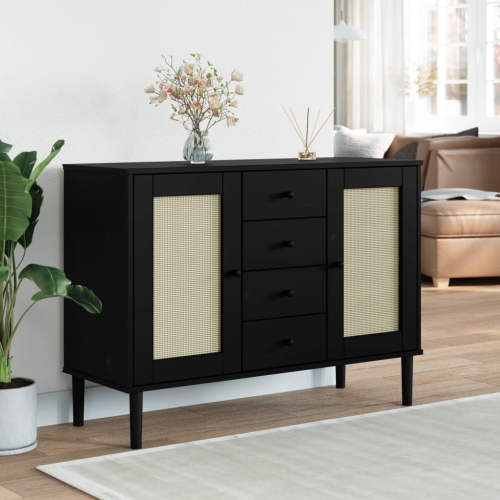 vidaXL Sideboard SENJA Rattan Look Black 112x40x80 cm Solid Wood Pine