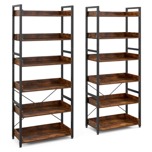Costway 2 PCS 6-Tier Bookshelf Open Display Shelves Storage Rack Metal Frame with 4 Hooks