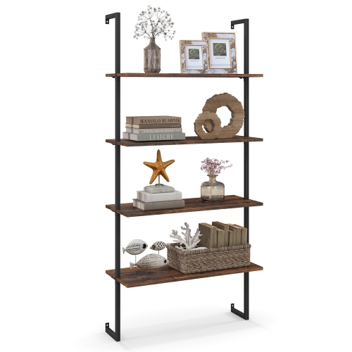 COSTWAY  4-Tier Ladder Shelf Bookshelf Industrial Wall Shelf W/metal Frame Rustic In Brown