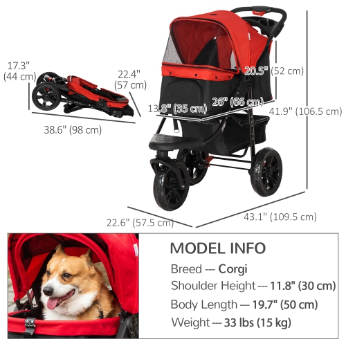 PawHut 3 Wheel Dog Stroller, Folding Pet Stroller with Adjustable Canopy, Storage Basket, Mesh Window, Cupholder, for Small Dogs & Cats, Red