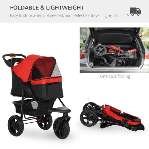 PawHut 3 Wheel Dog Stroller, Folding Pet Stroller with Adjustable Canopy, Storage Basket, Mesh Window, Cupholder, for Small Dogs & Cats, Red