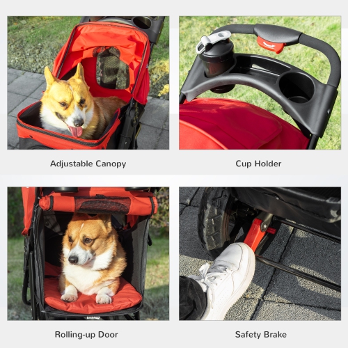 PawHut 3 Wheel Dog Stroller, Folding Pet Stroller with Adjustable Canopy, Storage Basket, Mesh Window, Cupholder, for Small Dogs & Cats, Red