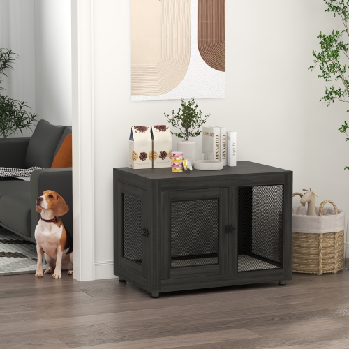PawHut – Meuble pour cage de chien 37 po avec coussin, table de bout intérieur en forme de chenil avec 2 portes, pour gros chiens, noir