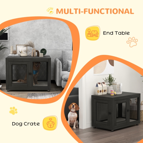 PawHut – Meuble pour cage de chien 37 po avec coussin, table de bout intérieur en forme de chenil avec 2 portes, pour gros chiens, noir