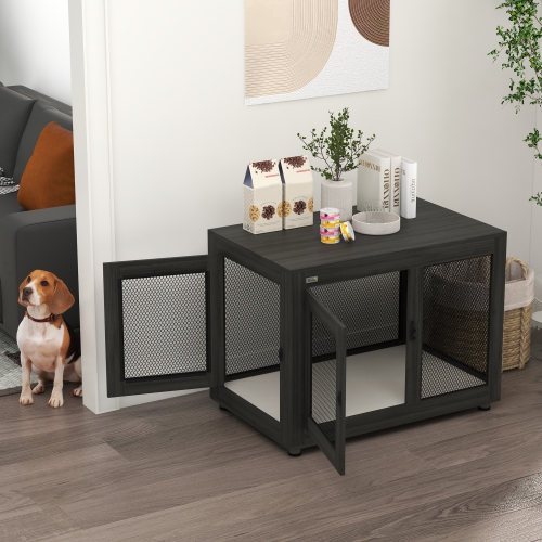 PawHut – Meuble pour cage de chien 37 po avec coussin, table de bout intérieur en forme de chenil avec 2 portes, pour gros chiens, noir