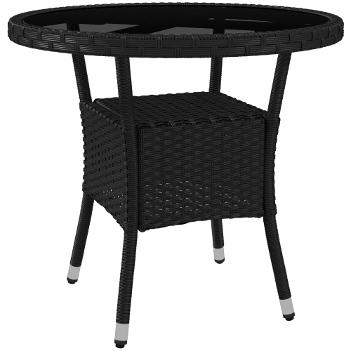 OUTSUNNY  Φ31.5" Outdoor Wicker Dining Table, Pe Rattan Patio Furniture With 2-Tier Storage Shelf, Metal Frame Round Garden Table With Glass Top Table