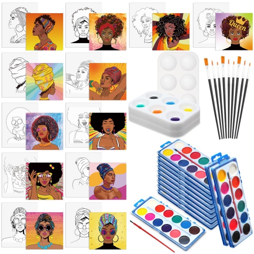 Artistic Afro Queen Canvas Kit 12 Pack Pre Drawn 8x10 Inch Pre Printed Canvases, Complete with