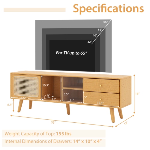 Costway Bamboo TV Stand Console Table with PE Rattan Door & 2 Drawers for TV up to 65"