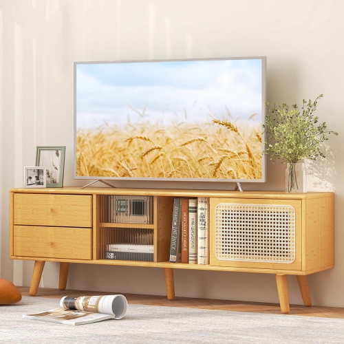 Costway Bamboo TV Stand Console Table with PE Rattan Door & 2 Drawers for TV up to 65"