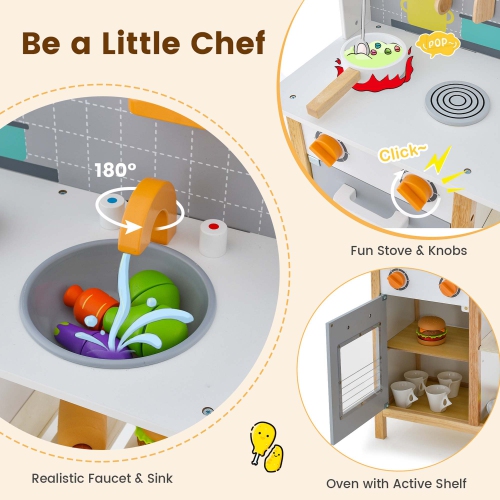 Costway Wooden Kid's Play Kitchen Set Pretend Chef Cooking Toy with Cookware Accessories
