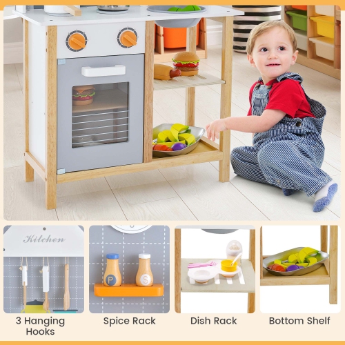 Costway Wooden Kid's Play Kitchen Set Pretend Chef Cooking Toy with Cookware Accessories