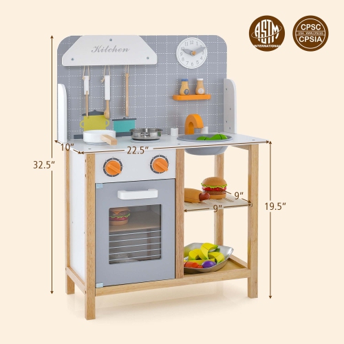 Costway Wooden Kid's Play Kitchen Set Pretend Chef Cooking Toy with Cookware Accessories