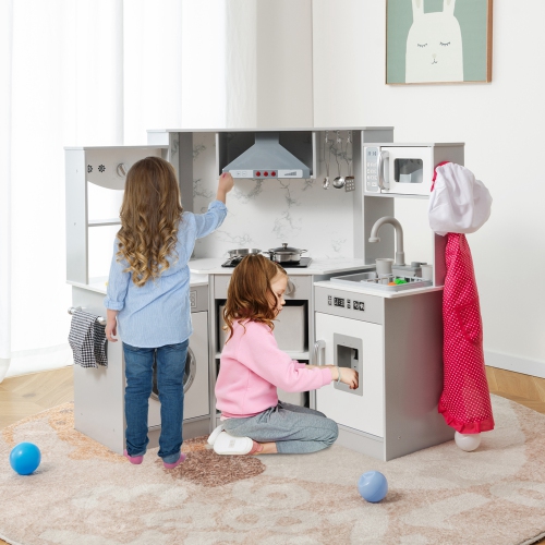 Costway Wooden Kids Play Corner Kitchen with Realistic Lights & Sounds Lighted Range Hood