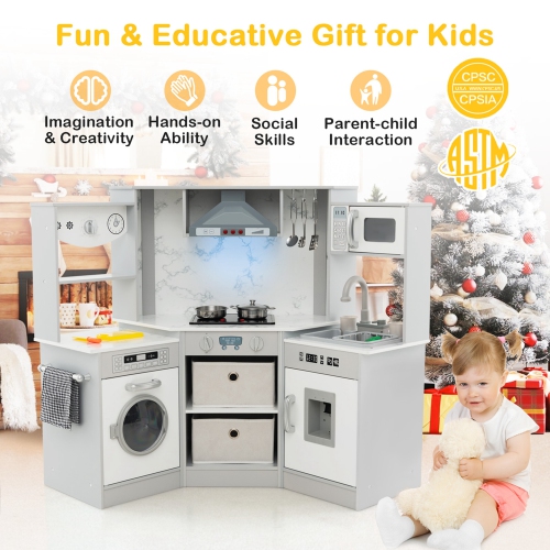 Costway Wooden Kids Play Corner Kitchen with Realistic Lights & Sounds Lighted Range Hood