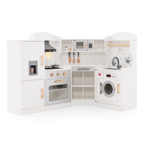 Ensemble de cuisine en coin avec hotte de cuisinière, machine à glaçons et four à micro-ondes de Costway pour tout-petits