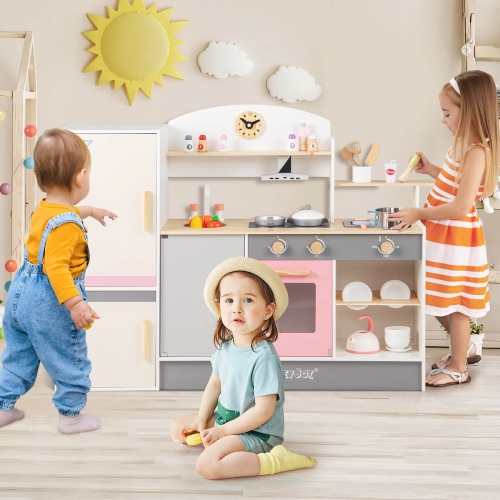 Ensemble de cuisine jouet en bois pour enfants chef de Costway avec hotte de cuisinière pour tout-petits