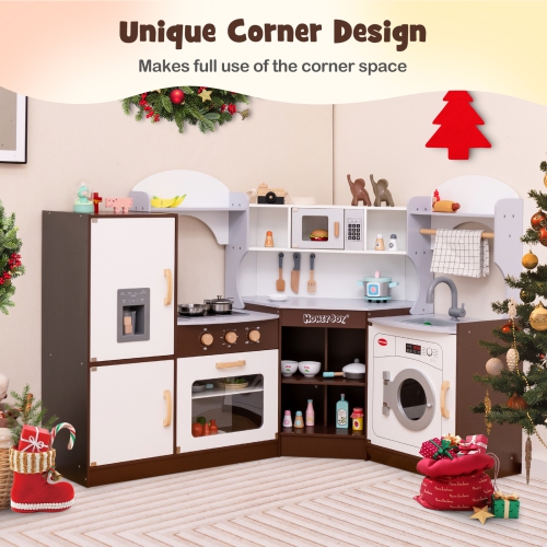 Costway Corner Play Kitchen with Ice Maker Microwave Oven for Kids 3+ Years Old Wooden Toy