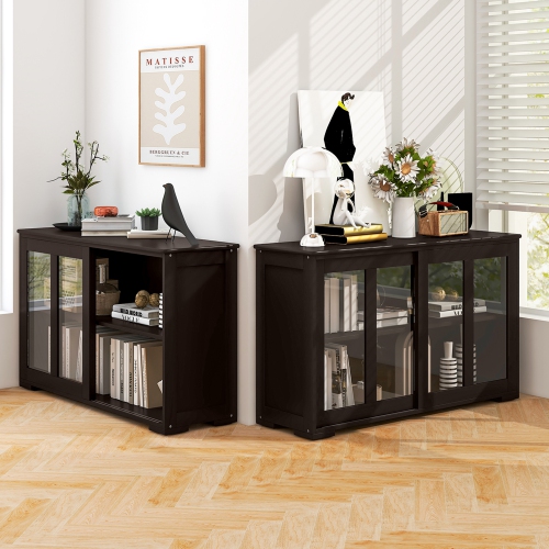 Costway 2-Door Stackable Buffet Sideboard Set of 2 with Sliding Tempered Glass Doors