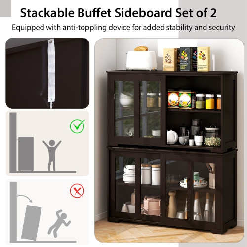Costway 2-Door Stackable Buffet Sideboard Set of 2 with Sliding Tempered Glass Doors