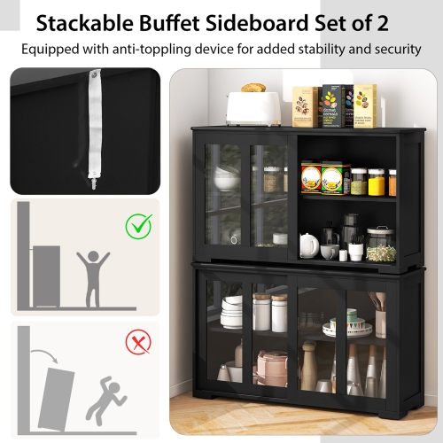 Costway 2-Door Stackable Buffet Sideboard Set of 2 with Sliding Tempered Glass Doors