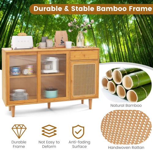 Costway Buffet Sideboard Cabinet Rattan Console Table with Sliding Doors Storage Drawer