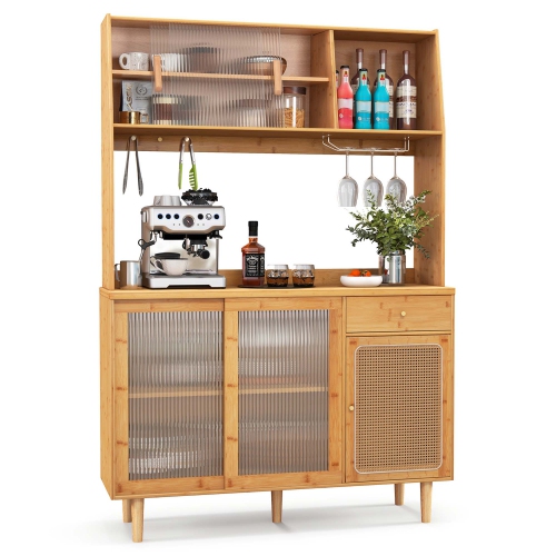 Costway Bamboo Buffet Cabinet Wine Bar Pantry Cupboard Sideboard with Rattan Sliding Door
