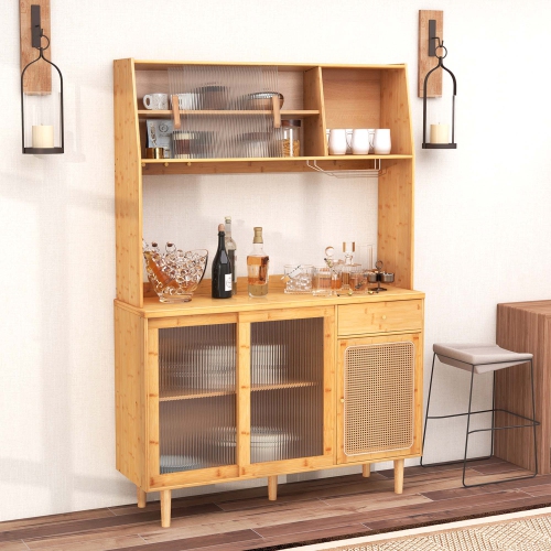 Costway Bamboo Buffet Cabinet Wine Bar Pantry Cupboard Sideboard with Rattan Sliding Door