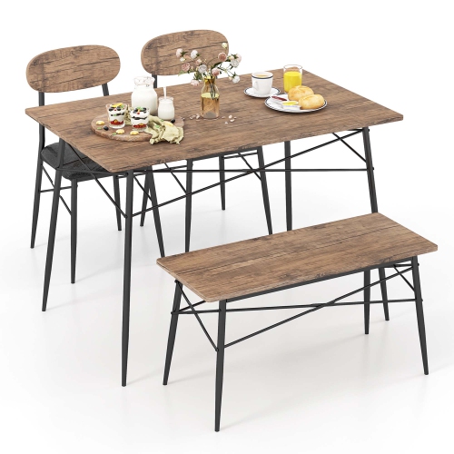 COSTWAY  4 Piece Dining Table Set With Bench & 2 Faux Leather Upholstered Chairs for Kitchen