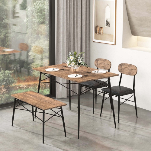 Costway 4 Piece Dining Table Set with Bench & 2 Faux Leather Upholstered Chairs for Kitchen