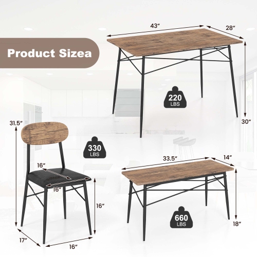 Costway 4 Piece Dining Table Set with Bench & 2 Faux Leather Upholstered Chairs for Kitchen