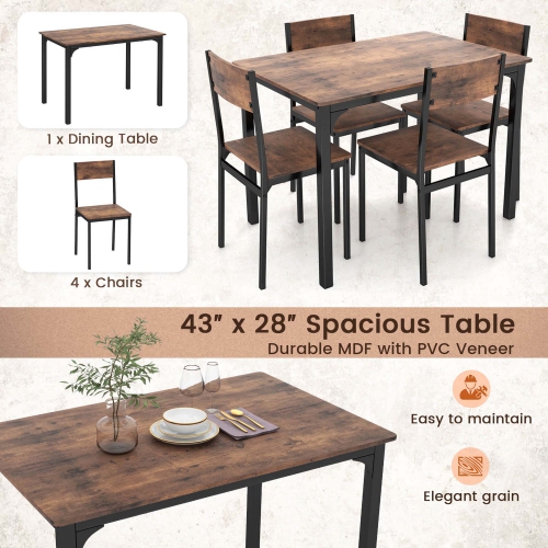 Costway 5 PCS Dining Table Set Industrial Style Kitchen Table & Chairs for 4 Gray Gray/Brown