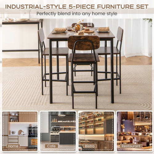 Costway 5-Piece Industrial Dining Table Set with Counter Height Table & 4 Bar Stools