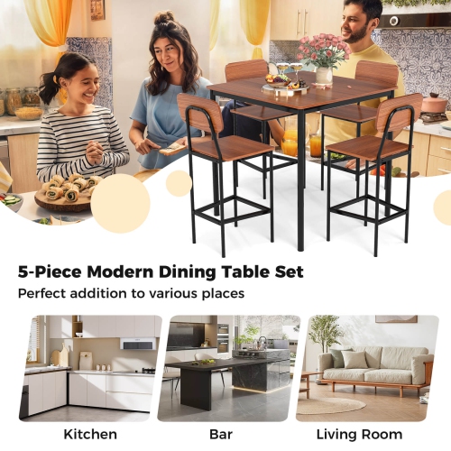 Costway 5-Piece Industrial Dining Table Set with Counter Height Table & 4 Bar Stools