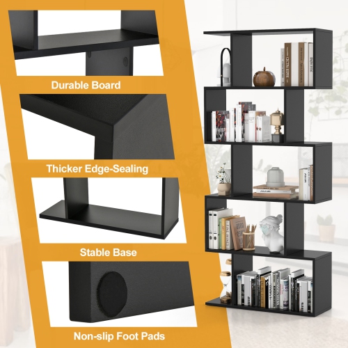 Costway 2 PCS 5-Tier Bookshelf Geometric S-Shaped Bookcase Room Divider Storage Display