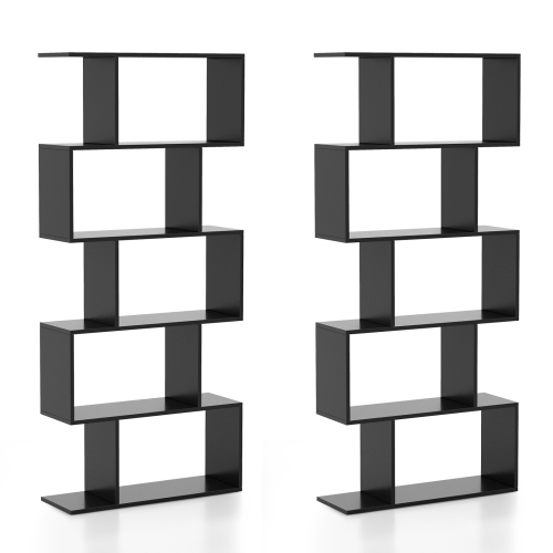 Costway 2 PCS 5-Tier Bookshelf Geometric S-Shaped Bookcase Room Divider Storage Display