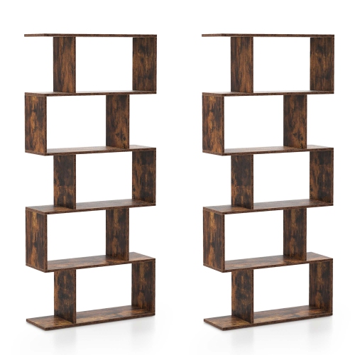 Costway 2 PCS 5-Tier Bookshelf Geometric S-Shaped Bookcase Room Divider Storage Display