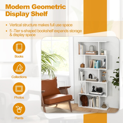 Costway 5-Tier Bookshelf Geometric S-Shaped Bookcase Room Divider Storage Display Shelf