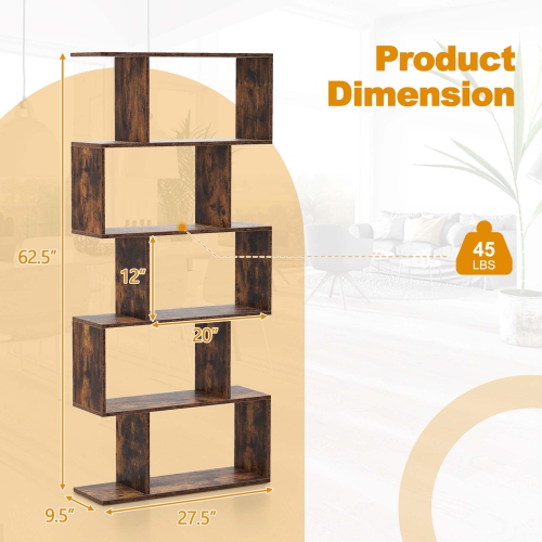 Costway 5-Tier Bookshelf Geometric S-Shaped Bookcase Room Divider Storage Display Shelf