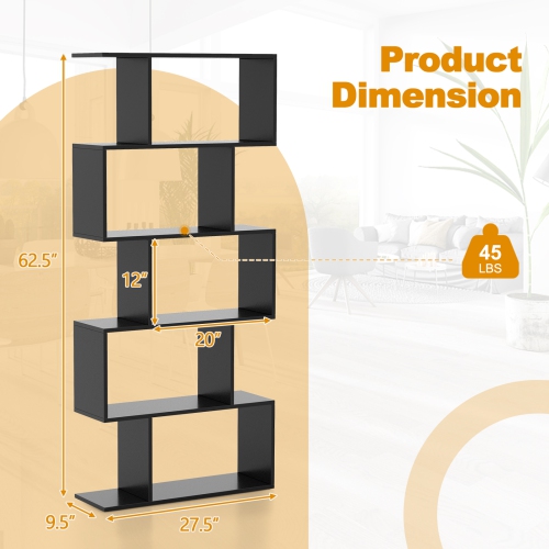 Costway 5-Tier Bookshelf Geometric S-Shaped Bookcase Room Divider Storage Display Shelf