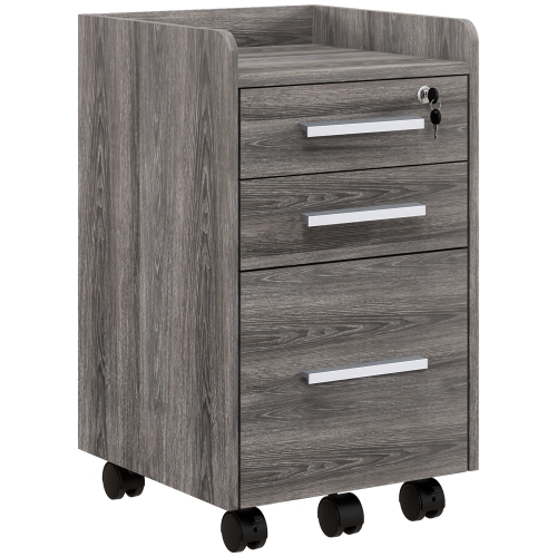 HOMCOM 3 Drawer File Cabinet with Lock and Edged Top, Lockable Filing Cabinet on Wheels for Letter and A4 Size, Grey