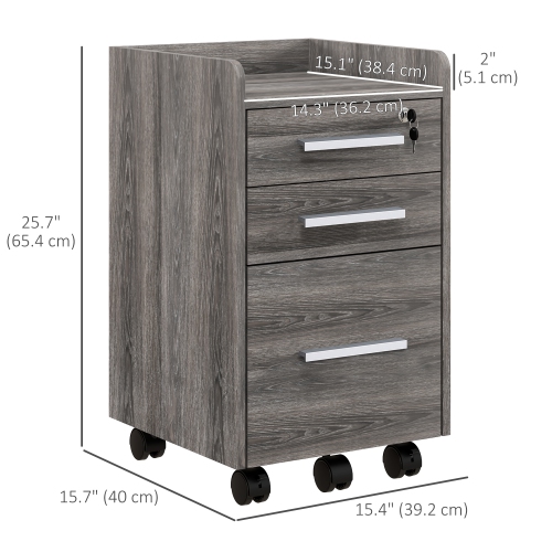 HOMCOM 3 Drawer File Cabinet with Lock and Edged Top, Lockable Filing Cabinet on Wheels for Letter and A4 Size, Grey