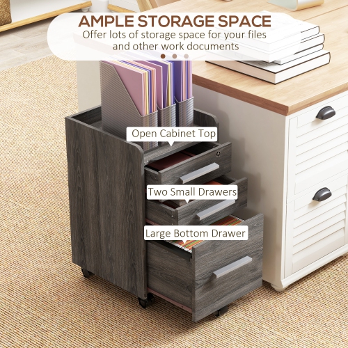 HOMCOM 3 Drawer File Cabinet with Lock and Edged Top, Lockable Filing Cabinet on Wheels for Letter and A4 Size, Grey
