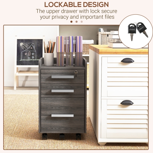HOMCOM 3 Drawer File Cabinet with Lock and Edged Top, Lockable Filing Cabinet on Wheels for Letter and A4 Size, Grey