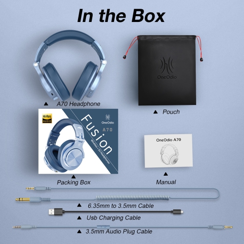 OneOdio A70 Bluetooth Wireless Bluetooth Over Ear and On-Ear Headphones with Deepbass Sound，72H Playtime,Hi-Res,Wired Audio Jack 3.5mm/6.35mm- Sky