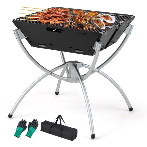 COSTWAY  3-In-1 Portable Grill Folding Camping Fire Pit With Carrying Bag & Gloves In Charcoal