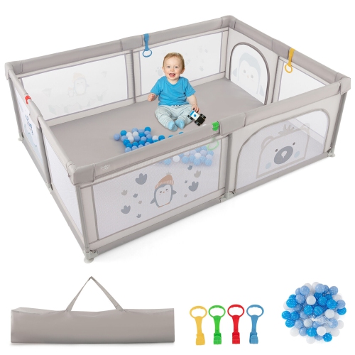 Gymax Large Baby Playpen Kids Play Yard Activity Center 81'' x 57.5'' Penguin Pattern Gray