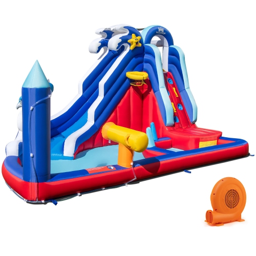 GYMAX  Inflatable Water Slide Park W/750W Blower Slide 2 Splash Pools Climbing Wall