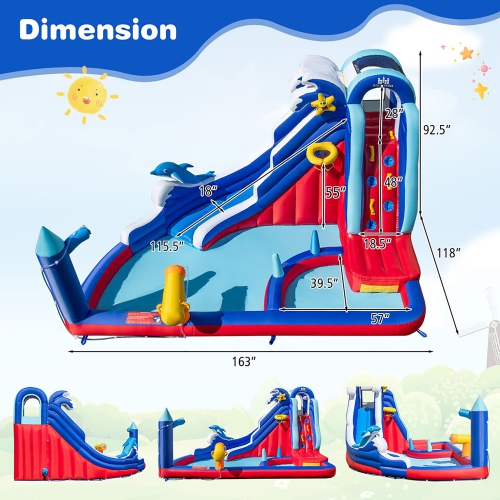 Gymax Inflatable Water Slide Park w/750W Blower Slide 2 Splash Pools Climbing Wall